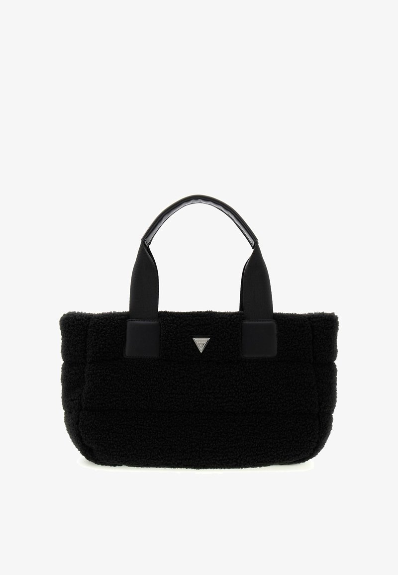 Zwarte textuur tas gemaakt van harig materiaal met gladde zwarte banden en een driehoekig logo. Rectangulaire vorm met een zachte afwerking.