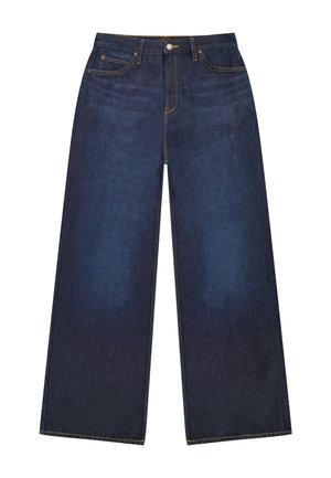 Σκούρο μπλε τζιν παντελόνι με φαρδύ παντελόνι, πέντε τσέπες, κούμπωμα με κουμπί και κίτρινες αντίθετες ραφές.