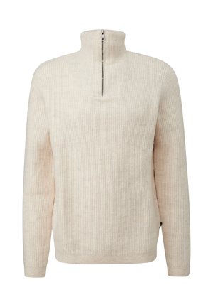Hellbeiger Pullover mit hohem Kragen, halbem Reißverschluss, gerippter Struktur, langen Ärmeln und Seitenschlitzen am Saum.