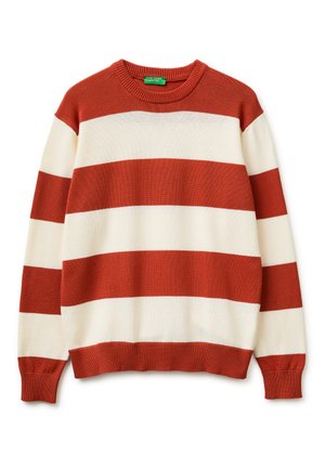 Langärmeliger Strickpullover mit breiten, horizontalen Rostorange- und Creme-Streifen sowie geripptem Kragen, Bündchen und Saum.
