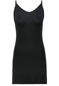 Schwarzes Slipkleid mit dünnen, verstellbaren Trägern. Hergestellt aus glattem, dehnbarem Stoff in einem figurbetonten Design. Keine Muster oder sichtbaren Beschläge.