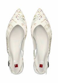 Ballerine bianche a punta con motivo floreale, con pannello laterale trasparente e un accentuato argentato sul tallone. Include cinturino alla caviglia regolabile.