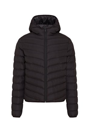 Chaqueta de plumas negra con capucha, que cuenta con un cierre frontal, patrones acolchados horizontales y en forma de flecha, y puños elásticos.