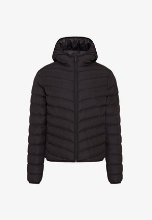 Svart pufferjakke med hette, med glidelås foran, horisontale og chevron-quiltede mønstre, samt elastiske mansjetter.