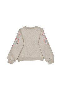 Felpa grigia chiaro con ricami floreali sulle maniche, polsini e orlo a coste, vestibilità rilassata, maniche raglan, tessuto morbido.