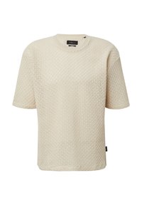 Crème-kleurige, korte mouwen sweater met een gestructureerd breipatroon. Heeft een ronde halslijn en een rechte pasvorm. Label zichtbaar aan de zoom.