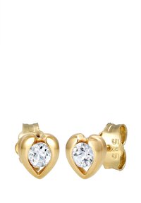 Boucles d'oreilles en or en forme de cœur avec une pierre précieuse ronde et transparente au centre, finition lisse, marquées '585' au dos.