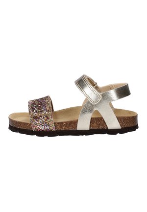 Child's open-toe sandal with glittery front strap, metallic silver ankle strap, cork footbed, and black rubber sole, shown in side view.