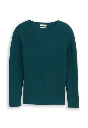 Groenblauw geribd langärmelig shirt met een ronde hals en zijopeningen, gemaakt van een getextureerd gebreid materiaal. Eenvoudig, klassiek ontwerp.