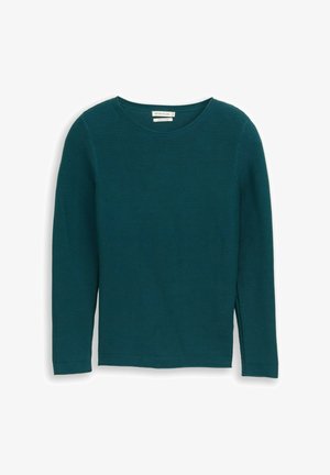 Haut bleu sarcelle à manches longues côtelées avec un col rond et des fentes sur les côtés, fabriqué en tissu tricoté texturé. Design simple et classique.