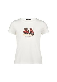 Weißes Kurzarm-T-Shirt mit einem roten Roller-Graphic, der eingepackte Geschenke trägt, und dekorativem Text unterhalb des Rollers.
