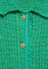 Grüner strukturierter Cardigan mit einem gewebten Muster, fransigen Kanten und einem goldenen, runden Knopfverschluss in der Mitte vorne.