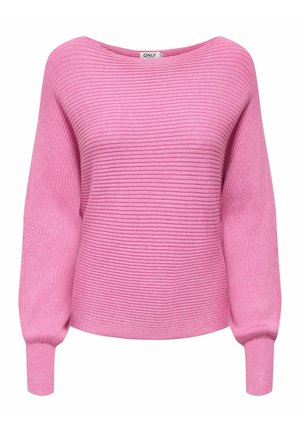 Roza pulover z rebrastim vzorcem, širokim izrezom, dolgimi rokavi in elastičnimi manšetami, izdelan iz mehke, teksturirane tkanine.