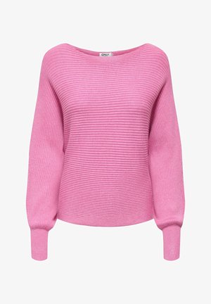 Ružičasti pulover od rebrastog pletiva s širokim izrezom, dugim rukavima i elastičnim manšetama, izrađen od mekog, teksturiranog materijala.