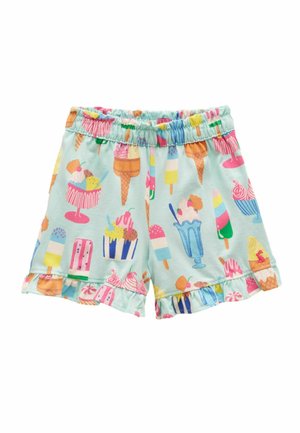 Svetlomodré detské šortky s volánikmi na lemoch, zdobené farebnými vzormi zmrzlinových kornútov, nanukov, pohárov a mliečnych koktejlov.
