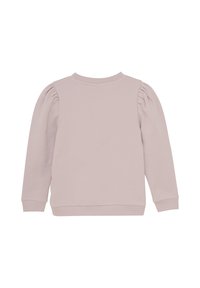 Ljusrosa tröja med samlade axeldetaljer, långa ärmar, rund halsringning och ribbad fåll. Tillverkad av mjukt bomullsblandat tyg.