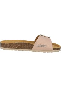 Heren slipper met kurken voetbed en een textuurachtige, glanzende lichtroze band met een metalen gesp. Duurzame rubberen buitenzool met patroon.