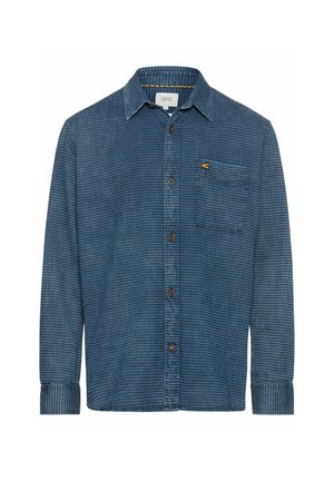 Button-up shirt in textured dark blue fabric, featuring a chest pocket, brown buttons, and a small yellow logo on the pocket.