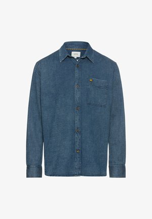Button-up shirt in textured dark blue fabric, featuring a chest pocket, brown buttons, and a small yellow logo on the pocket.