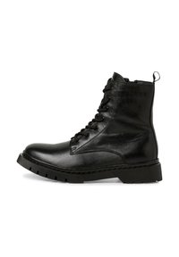 Black leather ankle boot with lace-up design, round toe, textured finish, and a sturdy rubber sole with a slight heel.