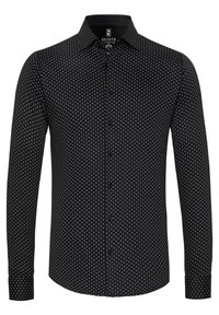 Zwarte langekleed shirt met een klein wit diamanten patroon, knoopsluiting aan de voorkant en kraag; gemaakt van een gladde stof.