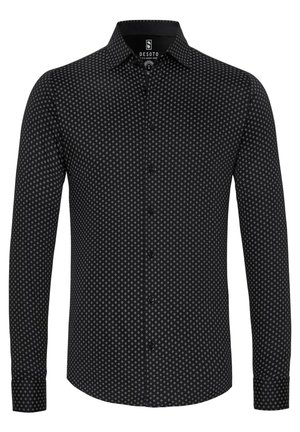Black long-sleeve shirt with a small white diamond pattern, button-front design, and collar; made from a smooth fabric.