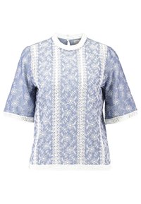 Light blue blouse featuring intricate white floral embroidery, a round neck, and short sleeves with lace trim. Soft fabric with a textured finish.