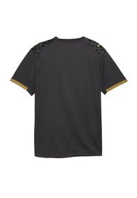 Sort atletisk skjorte med et struktureret mønster på skuldrene, guld detaljer på ærmerne, og et glat, let stof.