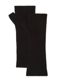 Guanti neri lavorati a maglia senza dita con una texture a coste, dotati di punte delle dita scoperte e di una lunghezza lunga fino al polso.