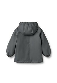 Chaqueta impermeable gris con capucha, puños elásticos y textura suave. Cuenta con un diseño simple y limpio y costuras resistentes.