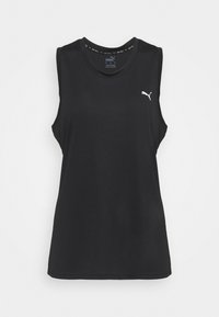 Černý bezrukávový sportovní tank top s žebrovanou texturou, kulatým výstřihem a bílým logem Puma na levé části hrudi.