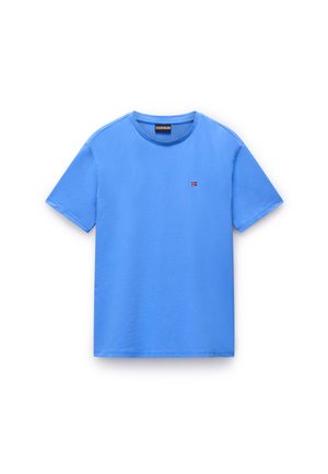 Tricou din bumbac albastru cu mâneci scurte, gât rotund și un logo brodat mic pe partea stângă a pieptului. Textură netedă și croială lejeră.
