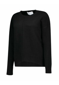 Zwarte trui gemaakt van zachte stof, met een ronde halslijn, lange mouwen, geribde zoom en een licht ingekort voorpand.
