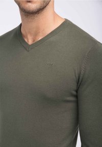 Olivgrüner V-Ausschnitt-Pullover aus weichem Strickstoff mit geripptem Kragen und dezentem Logo-Detail auf der Brust. Eng anliegendes Design.