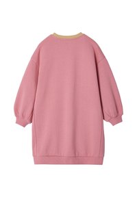 Übergroßer rosa Sweatshirt mit abgesenkten Schulternähten, gerippten Bündchen und einem kontrastierenden gelben Halsausschnitt. Weicher, strukturierter Stoff.
