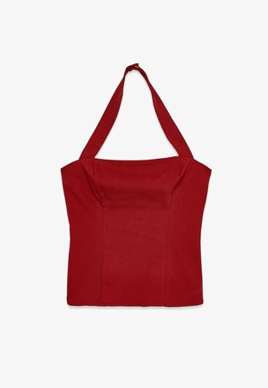 Sarkans bez piedurknēm ar strukturētu dizainu, regulējamām halteru siksnām un gludu auduma tekstūru. Ievēro piemērotu siluetu un tīras līnijas.