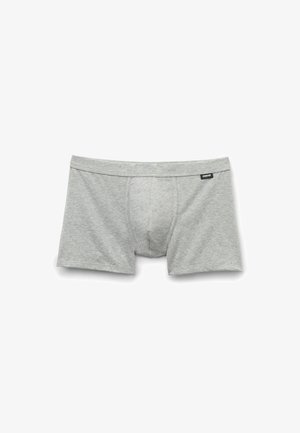 Graue Baumwoll-Boxershorts mit enger Passform, ausgestattet mit einem Frontbeutel und einem elastischen Bund mit einem kleinen Logosticker.