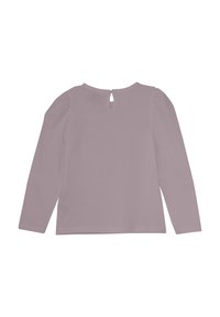 Langärmliges Oberteil aus weichem Lavendelstoff mit rundem Ausschnitt, das hinten mit einem Schlüssellochdetail und dezent gepufften Ärmeln versehen ist.