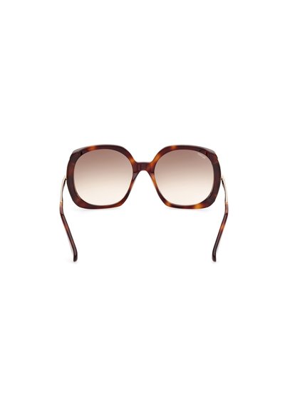 Schildpatt-Sonnenbrille mit übergroßen quadratischen Gläsern, verlaufendem Farbton und dünnen Metallakzenten an den Bügeln. Texturierte Oberfläche in der Fassung.