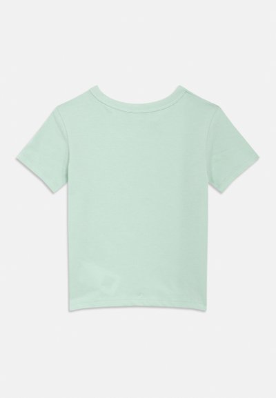 Kratek majica z zelenim odtenkom mete, izdelana iz mehke bombažne tkanine. Okrogli izrez in sproščen kroj. Brez vidnih vzorcev ali poudarkov. Pogled od zadaj.
