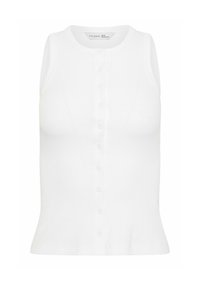 Top blanc sans manches en maille côtelée avec encolure ronde et fermeture boutonnée devant, taillé pour une silhouette ajustée.