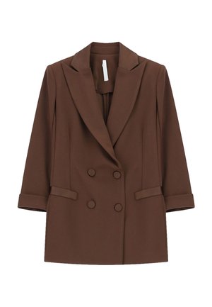 Blazer marrone doppiopetto con ampi risvolti, due tasche frontali, maniche con polsini e bottoni in tessuto marrone abbinato.