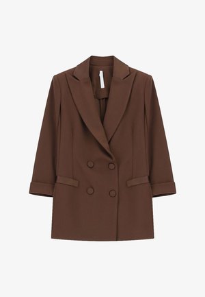 Blazer marrone doppiopetto con ampi risvolti, due tasche frontali, maniche con polsini e bottoni in tessuto marrone abbinato.