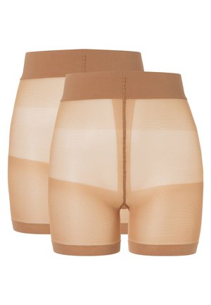 Nackte, transparente Formshorts mit einem glatten, elastischen Bund und kontrastierenden Netzpaneelen, die Unterstützung und Abdeckung bieten.