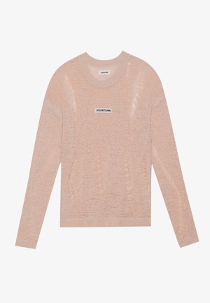Light pink knitted sweater featuring a crew neck, long sleeves, and a logo patch. Texture includes a slightly sheer finish with frayed accents.
