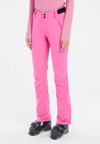Roze skibroek van zacht, rekbaar materiaal met een aansluitend ontwerp, voorzien van een brede tailleband, twee knopen en zijzakken.