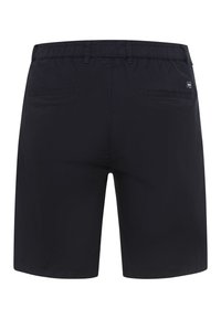 Pantaloni corti blu navy con cinturino elastico, due tasche posteriori e cuciture piatte semplici. Tessuto leggero con una texture liscia.