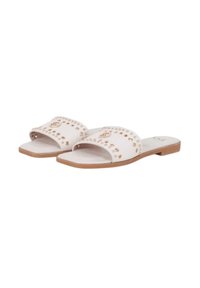 Infradito bianche con strass embelliti, suola piatta e design a punta aperta. Texture morbida, stile minimalista con dettagli curati.