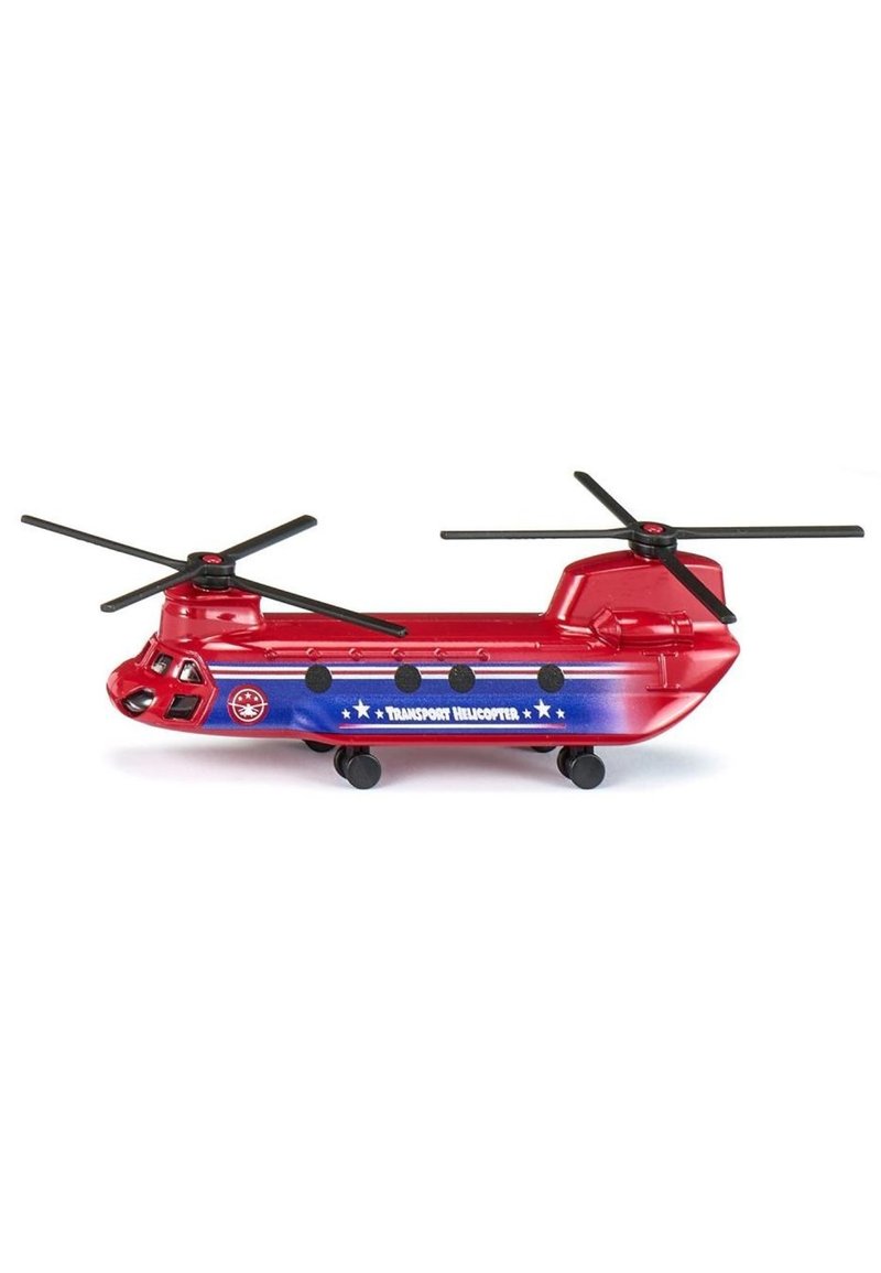 Red and blue toy transport helicopter with black rotors, four wheels, and text "TRANSPORT HELICOPTER" on the body, smooth plastic finish.