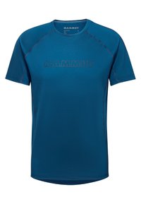Blå tränings-T-shirt med korta ärmar, med en upphöjd "MAMMUT"-logotyp i mörkgrått. Mjuk, slät tyg med kontrastsömmar.